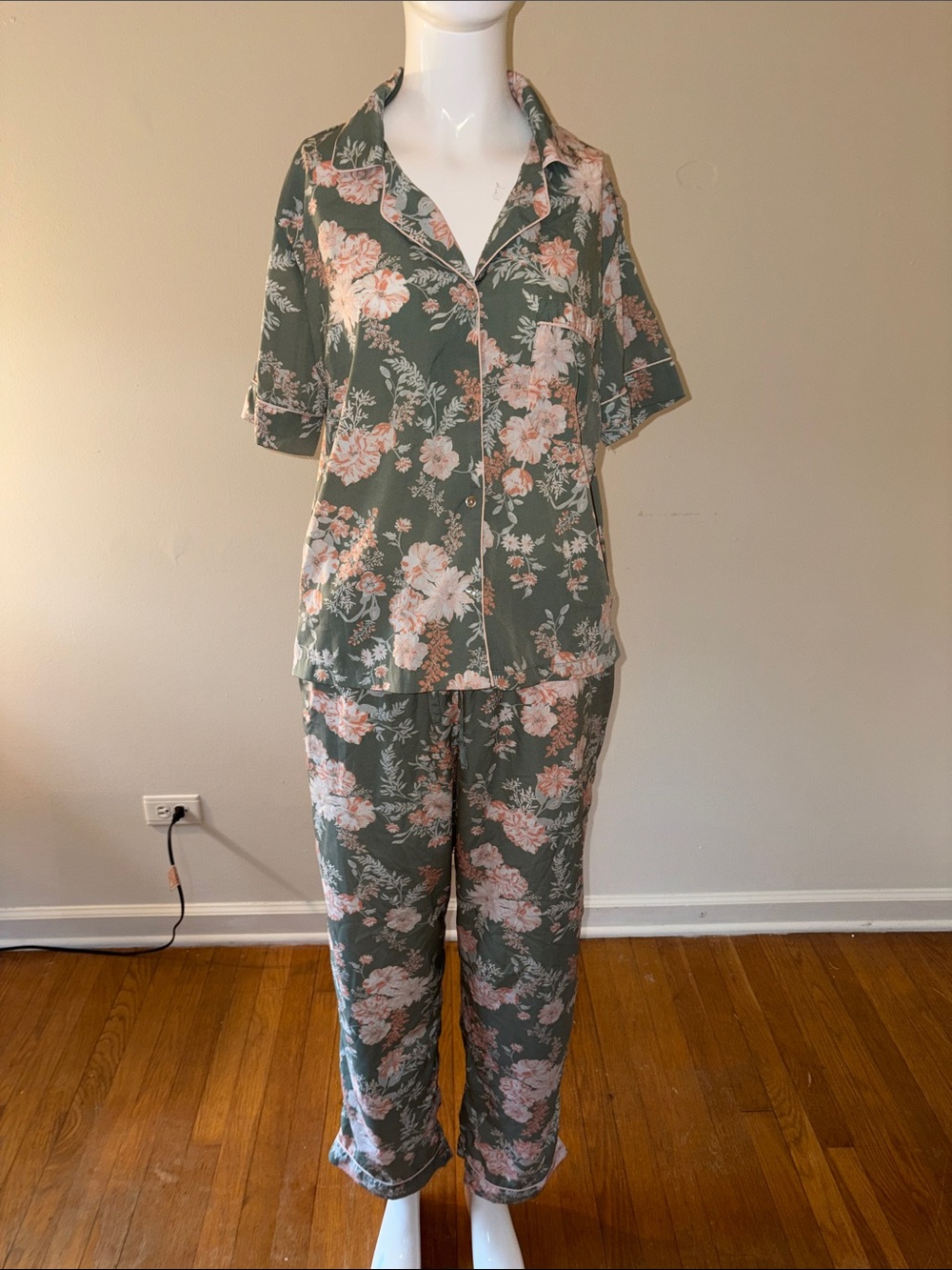 cupcakes & cashmere Olive Green Floral Pajama Set with Pink Blossoms